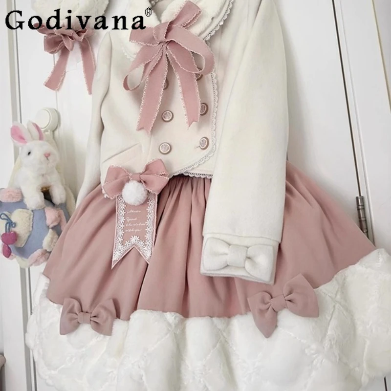 Pink Cute Sweet Coat and Skirt Lolita Outfit Autumn Winter Women Lolita Skirt Suits for Daily Wear Female Japanese Princess Set