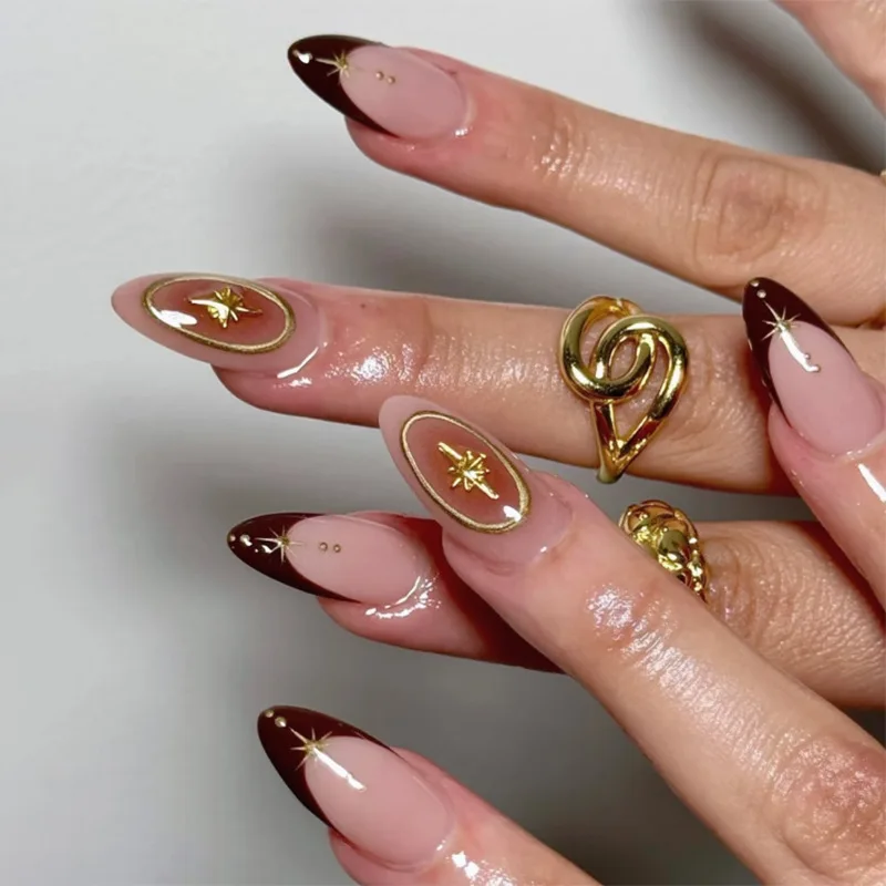

24Pcs Mid-length French Almond Press on Fake Nails 3D Gilding Starburst False Nails Red Smudge Detachable Full Cover Nails Tips