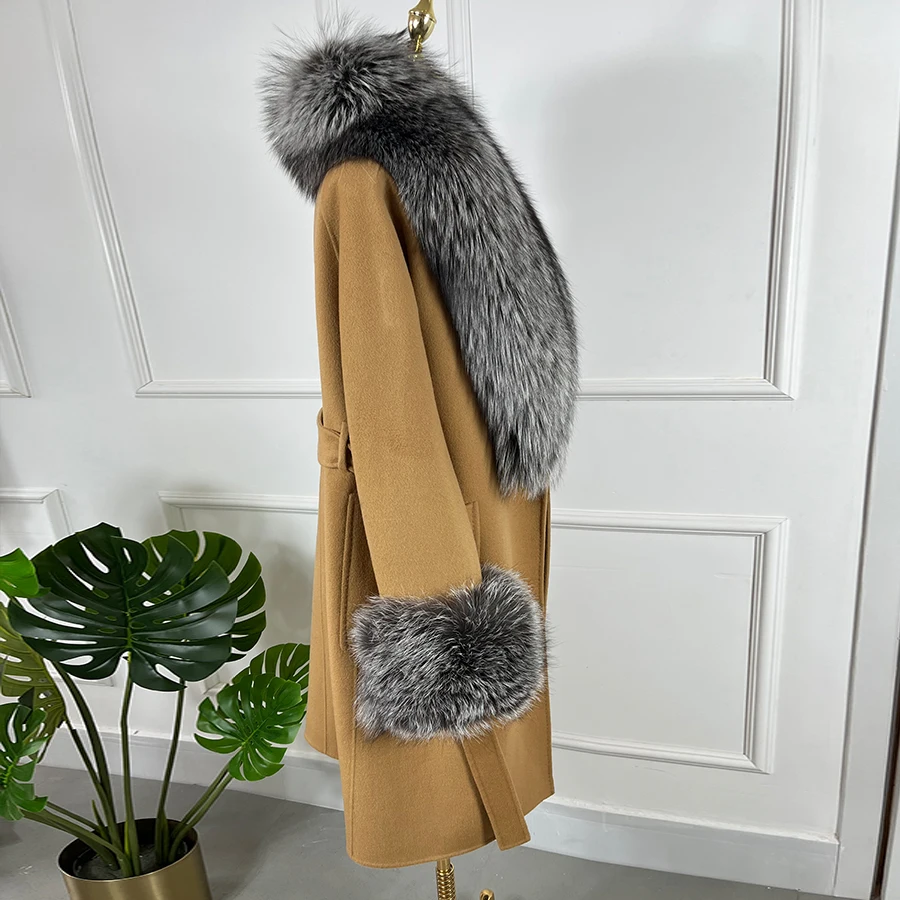 Women Cashmere Cardigan With Fur Natural Silver Fox Fur Coat Long Wool Blends Coat Rela Fur Collar Cuffs 2024 Best Selling