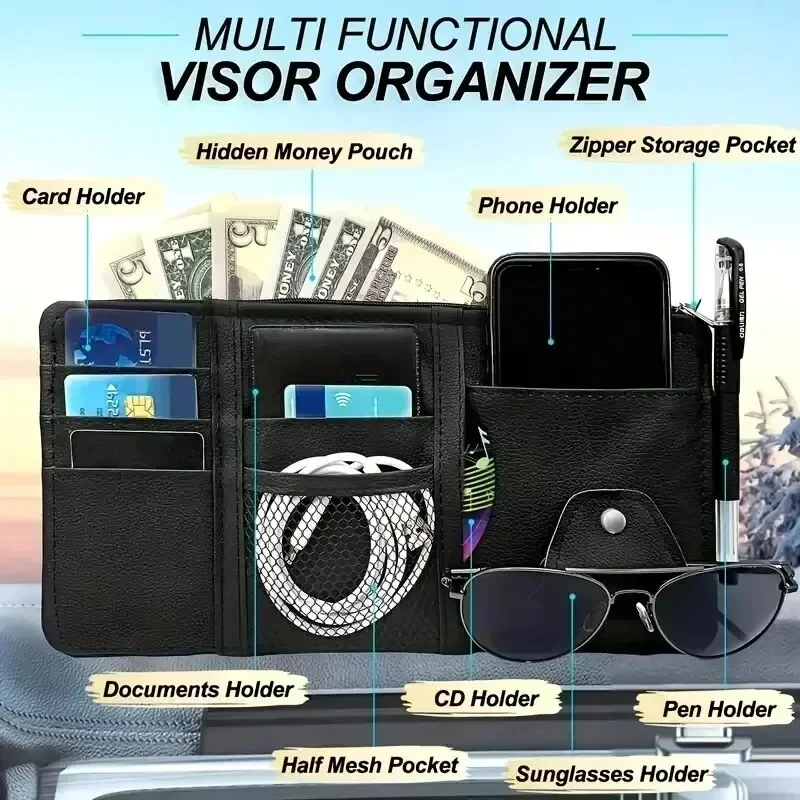 Car Sun Visor Organizer Sunglass Mobile Phone Holder Bracket Car Auto Interior Accessories Pocket Card Storage Pouch Mount Stand image 2