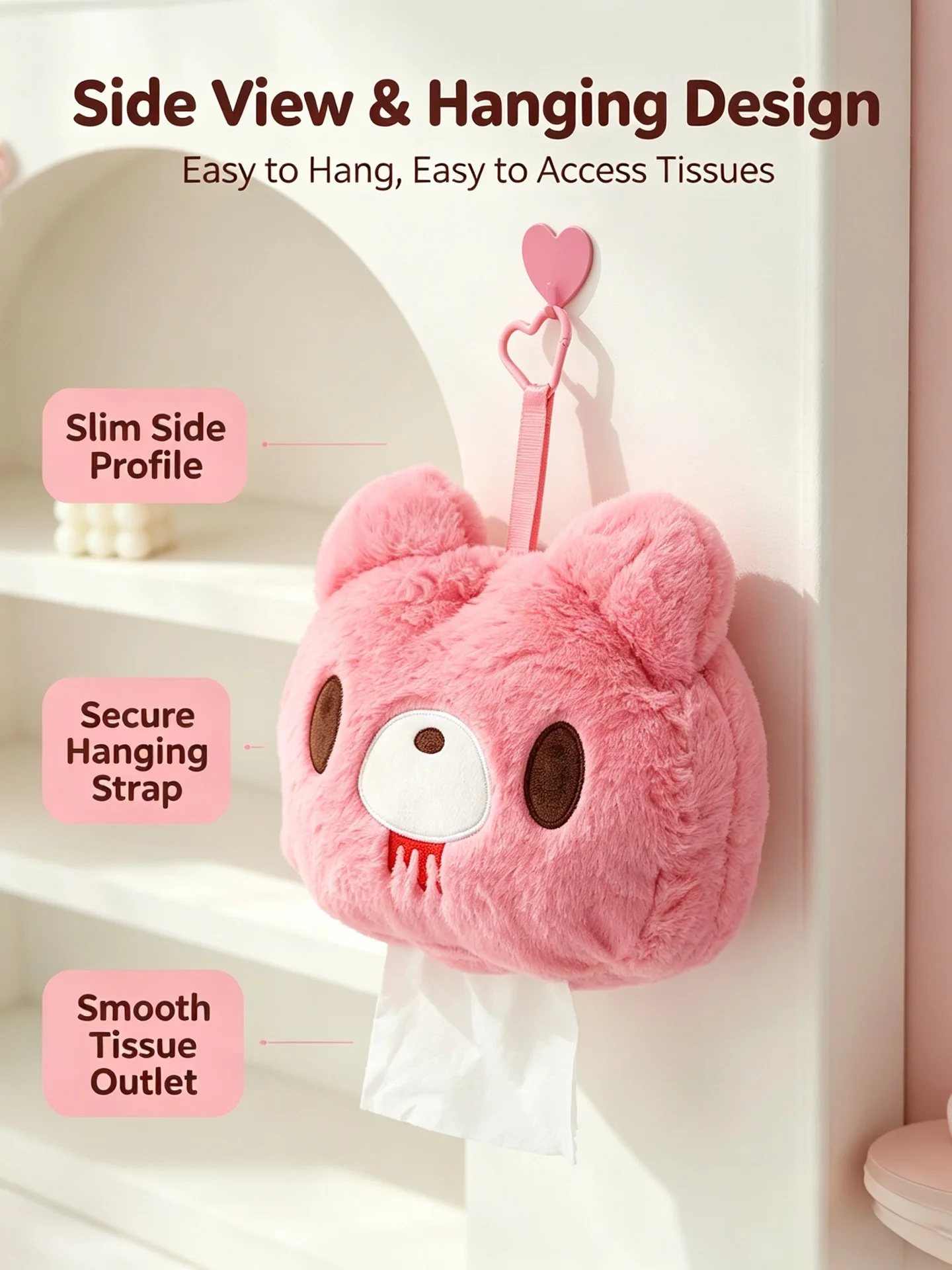 Cute Bear Pink Plush Tissue Box Cover, Hanging Cartoon Tissue Holder, Soft Napkin Dispenser for Home, Car, Sofa Decor