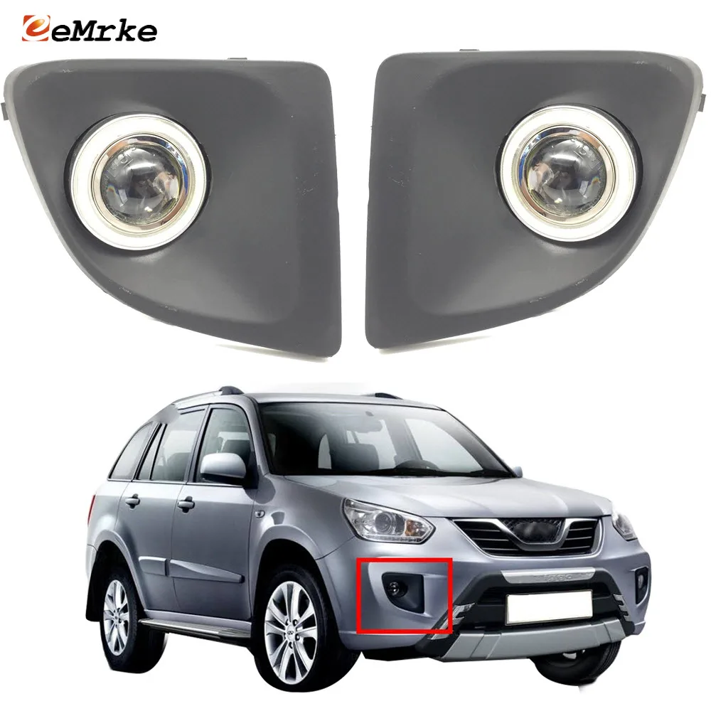 EEMRKE Car H11 Halogen Fog Lights Assembly For Chery Tiggo FL 2011 2012 2013 2014 LED Angel Eyes DRL Daytime Running Light PTF