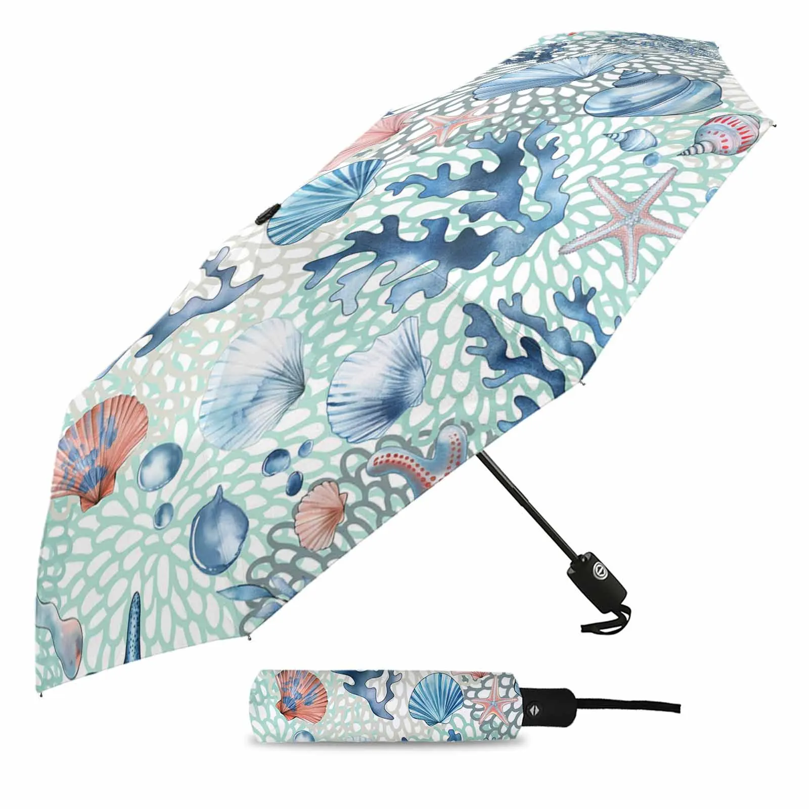 Summer Ocean Retro Watercolor Fully-automatic Umbrella for Outdoor Kids Adults Printed Umbrella Foldable Eight Strand Umbrella