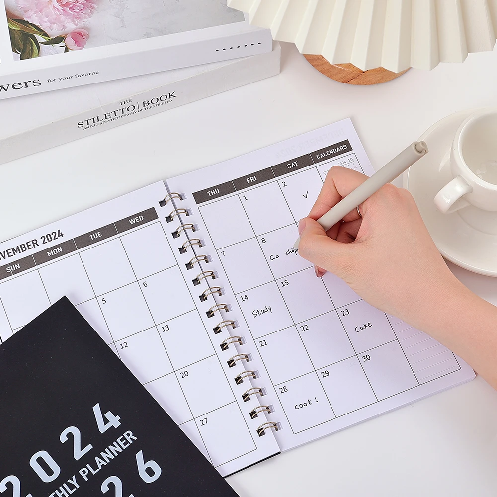 29 sheets 2024-2026 Monthly Planner Black PVC Waterproof Cover Monthly Calendar Notebook Daily Schedules For School Office Home