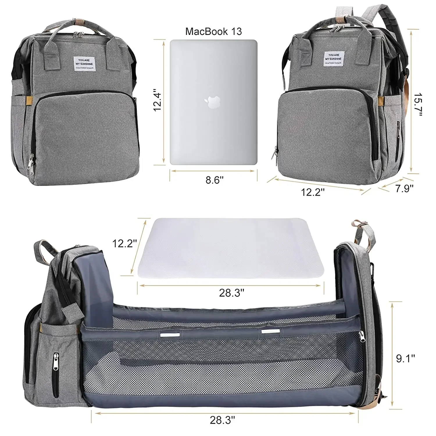 Foldable Diaper Bag Baby Bed Bags Crib Travel Backpack with Changing Station Insulated Pocket Large Capacity