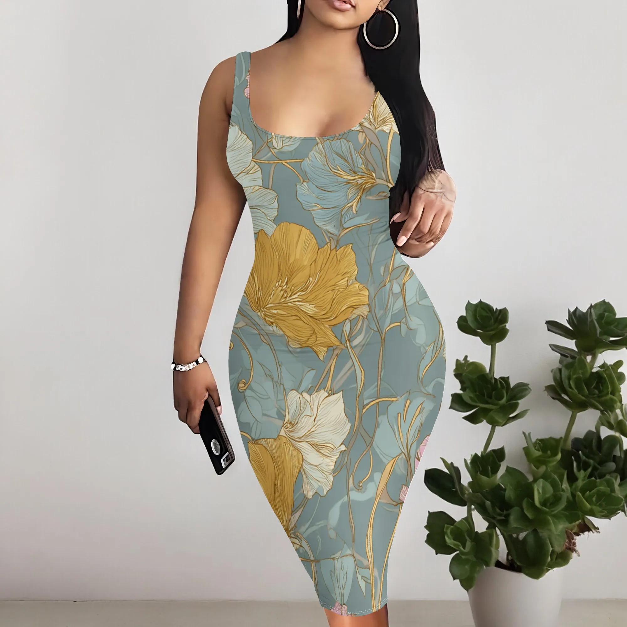 

Women's Vintage Floral Midi Dress Boho Sleeveless O-Neck Bodycon Dress for Casual Party Vacation Wear S-3XL