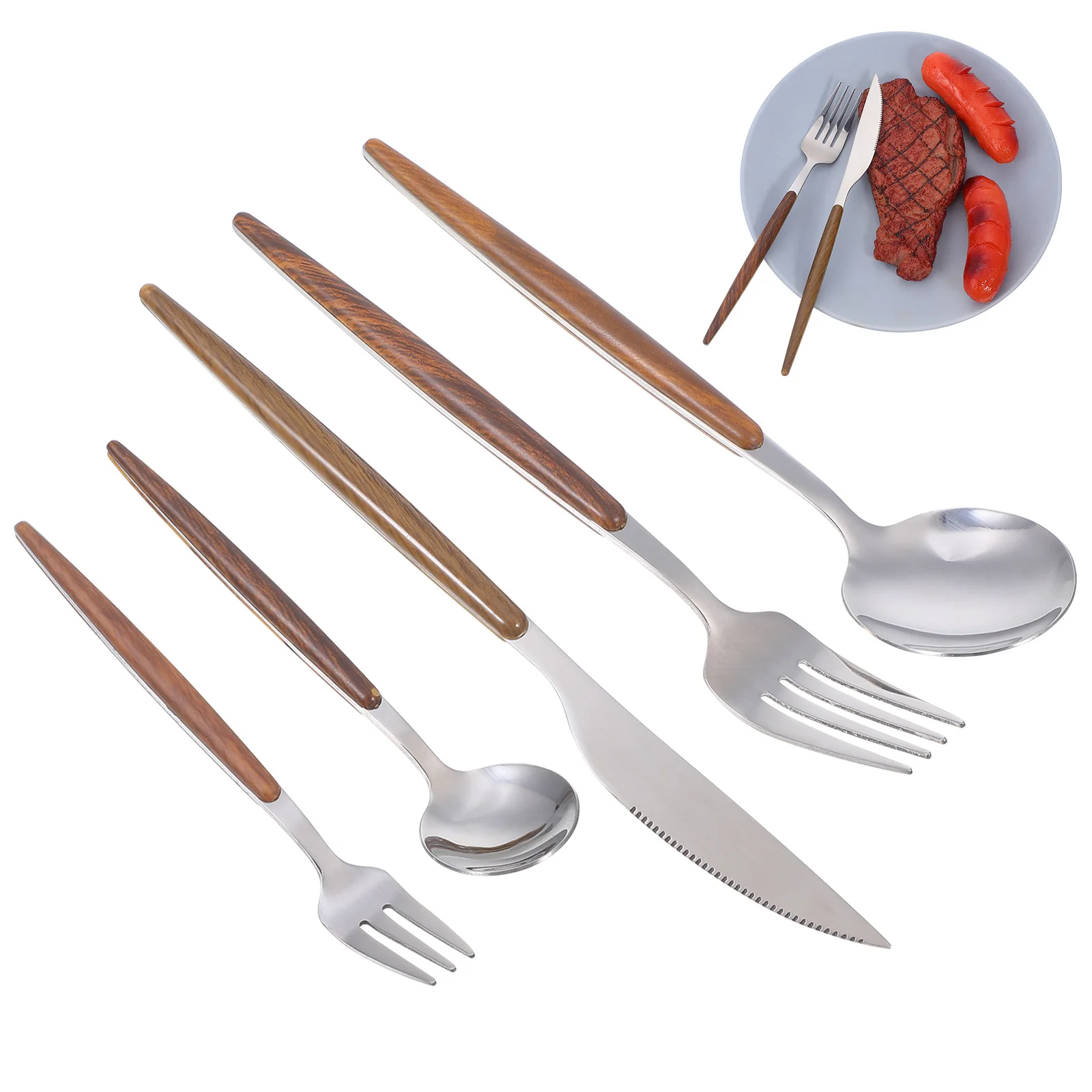 

5Pcs Cutlery Set Stainless Steel and Wood Premium Flatware Modern Design Tableware for Daily Meal Dining Experience