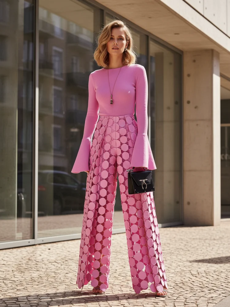Bonboho Women\'s Solid Color High Waist Straight Pants Polka Dot Hollowed Loose Fit Streetwear Trousers Casual Commuter Bottoms