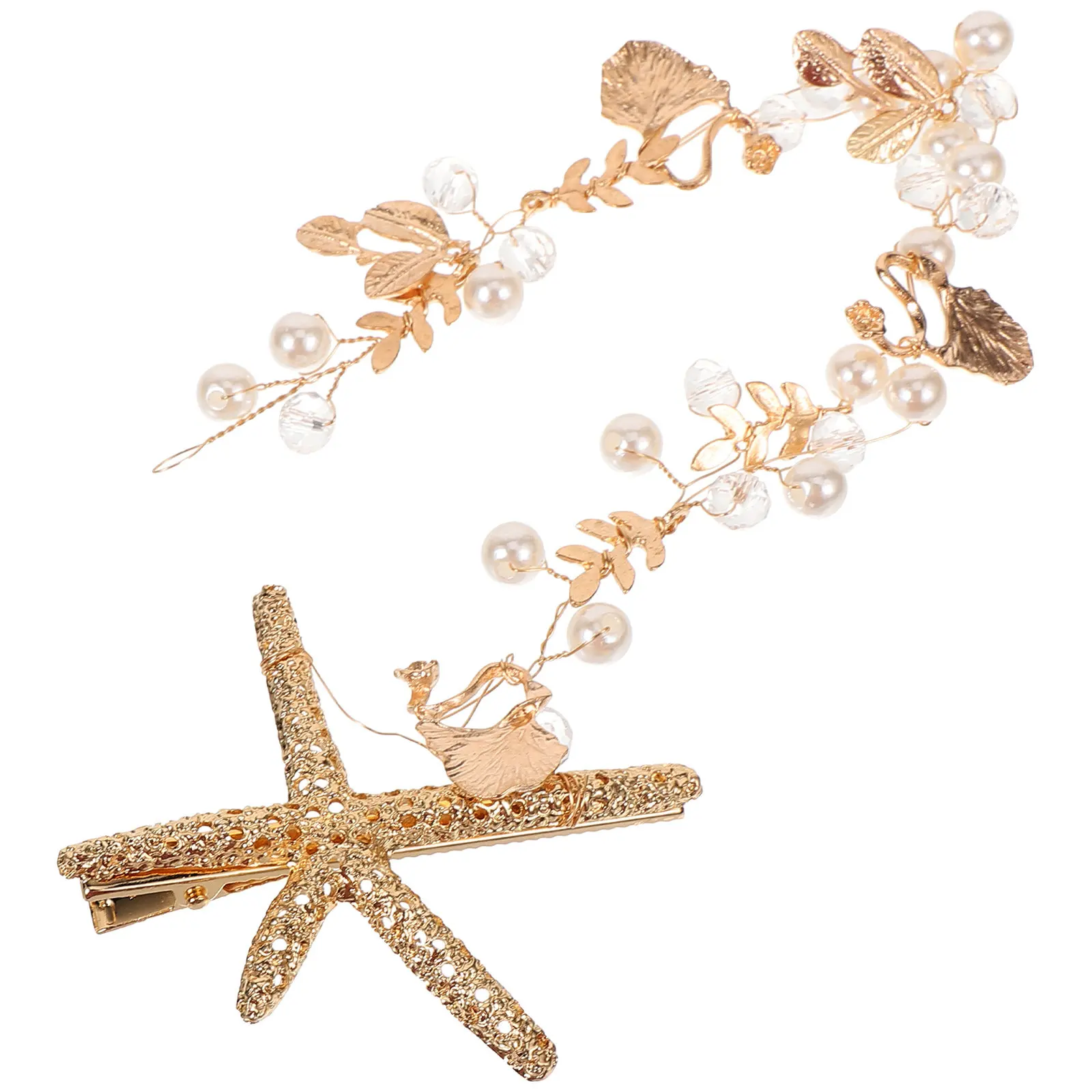 Pearl Crown Headband Sea Star Decor Alloy Hairband Wedding Bridal Headpiece Elegant Hair Ornament Prom Anniversary Hair