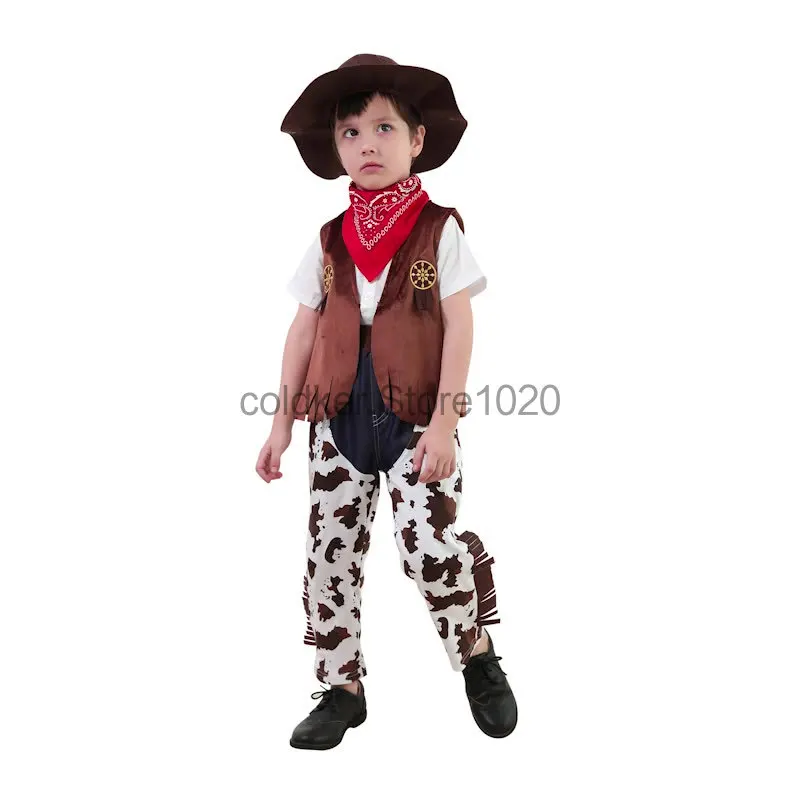 Kids Western Cowboy Costume Halloween Cosplay Cowboy Cowgirl Outfits Vest Pants Scarf Hat Suit Children Carnival Party Dress Up