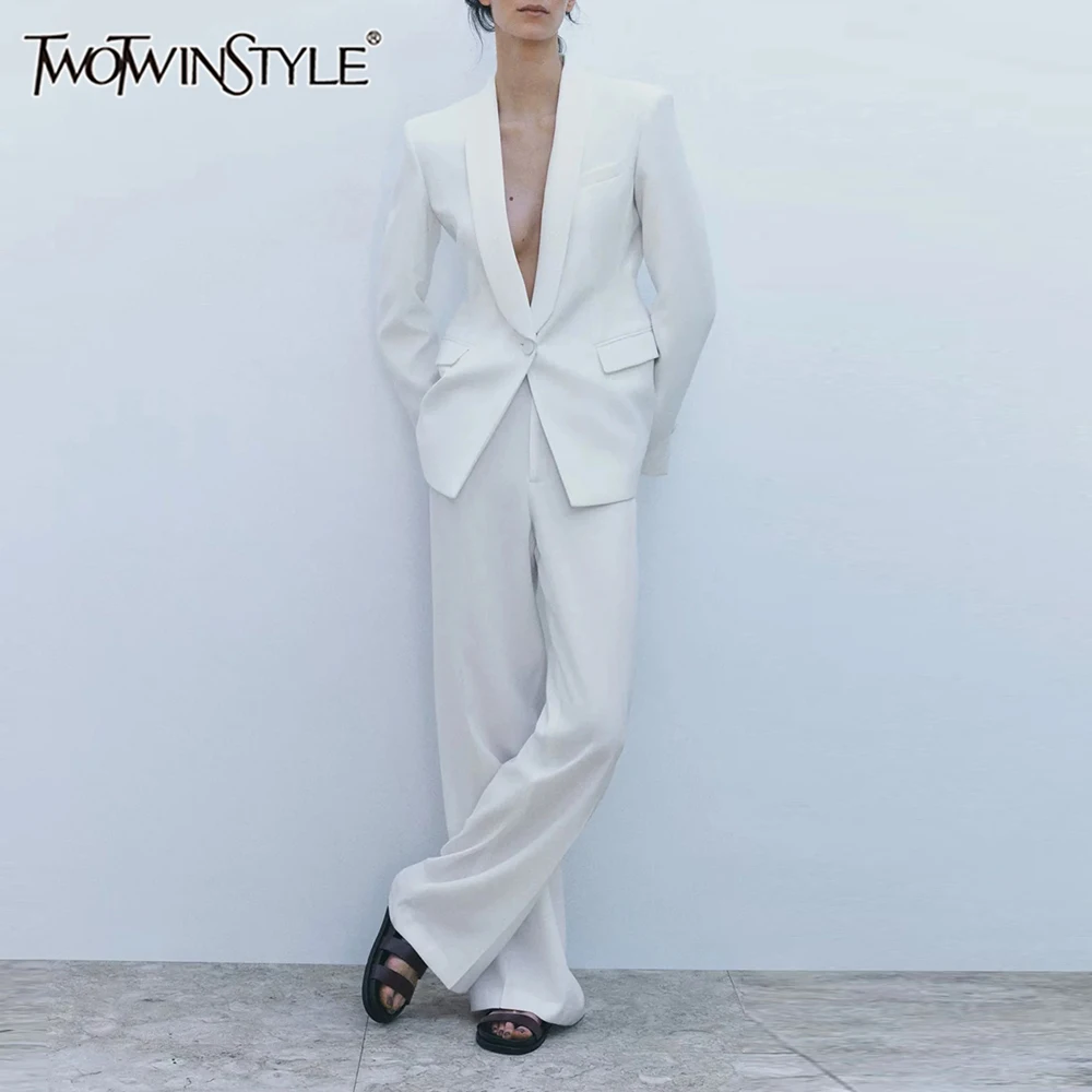 

TWOTWINSTYLE Solid Spliced Two Piece Set for Women Lapel Long Sleeve Coat High Waist Temperament Pant Sets Female Fashion