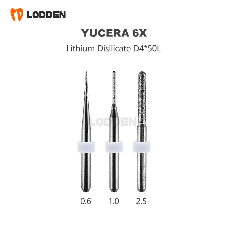 LODDEN 1pcs Dental Lab Lithium Disilicates Milling Burs for YUCERA 6X EMAX Glass Ceramic D4 Cutters 0.6/1.0/2.0 Grinding Tools