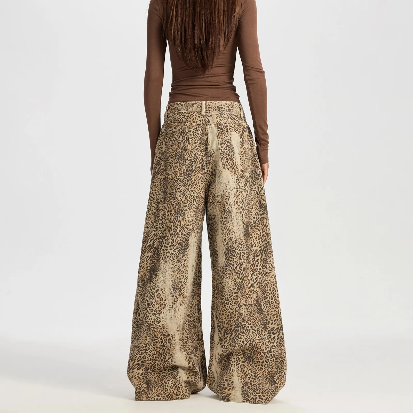 فضفاض واسعة الساق الجينز النساء عالية الخصر الرجعية ليوبارد طباعة مستقيم الجينز شارع العليا الشارع الشهير Y2k خمر سراويل جينز #5