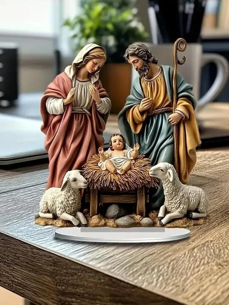 Décoration chrétienne plate 2d, accessoire de Table de Nativité Stable, ornement de scène de Nativité, pièce maîtresse de noël en acrylique brillant pour bureau