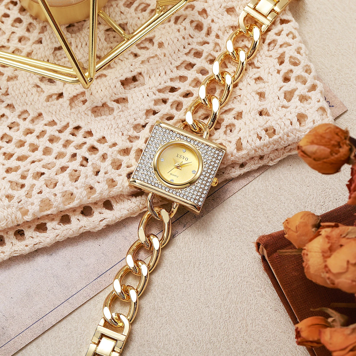 ساعة كوارتز نسائية فاخرة ذات قرص مربع صغير وحزام على شكل سلسلة لهدايا عيد الميلاد والهالوين #5