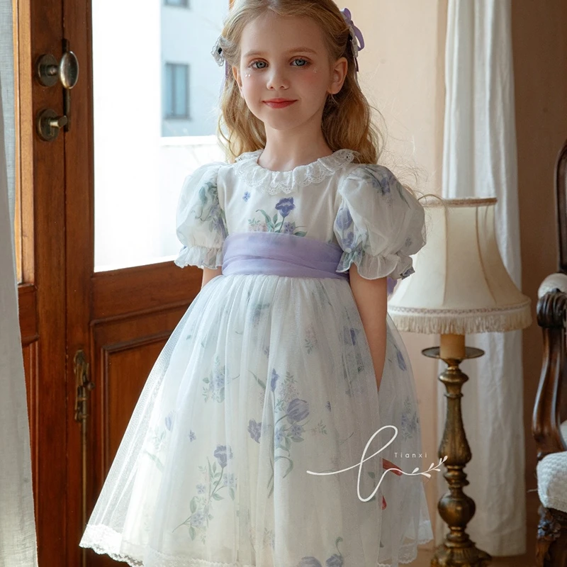 Summer New Flower Girls Princess Dress Chiffon Flower Mesh Bubble Sleeve Dress Spanish Kids Handmade Boutique Dress