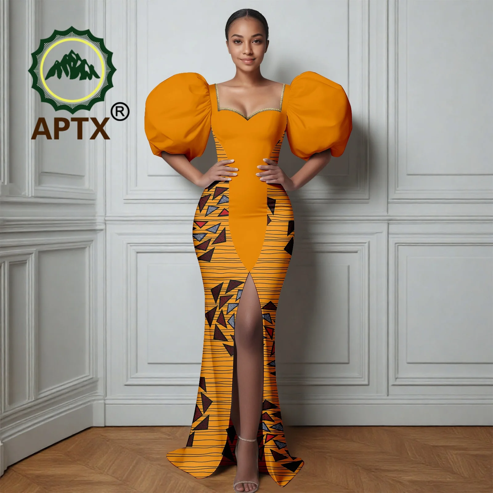 

African Women's Ankara Printed Square Collar Puff Sleeve Floor-Length Dress Patchwork Dashiki Casual Elegant fashion dress