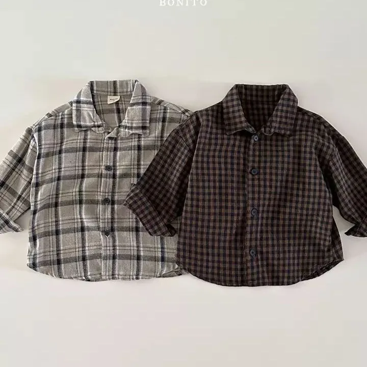 

Baby Clothing Spring Shirt Korean Style Boy Plaid Cardigan Lapel Shirt Casual Simple Long Sleeve Kids Fashionable Plaid Shirt