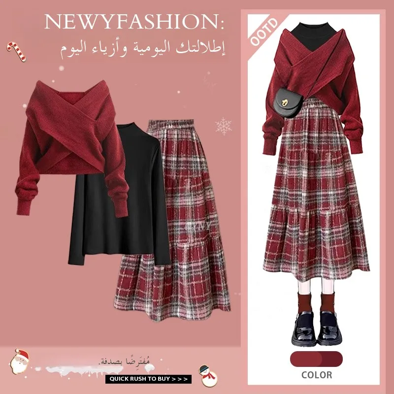 

Модный женский комплект: свитер с рождественским дизайном и клетчатая юбка средней длины, осенне-зимний, красный цвет