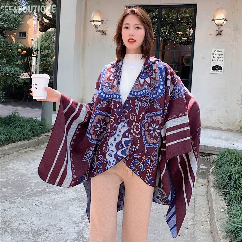 Ethnic style dual-purpose winter scarf and cloak paired with large floral patterns autumn and winter cloak shawl  women 1