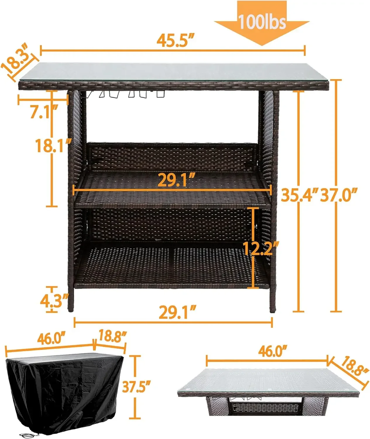 เคาน์เตอร์บาร์ PE Wicker, โต๊ะกระจก3 in 1สำหรับลานบ้านกลางแจ้งพร้อมชั้นวางเหล็ก3ชั้น, เคาน์เตอร์บาร์หวาย w/ ราง3ชุด, สีน้ำตาล