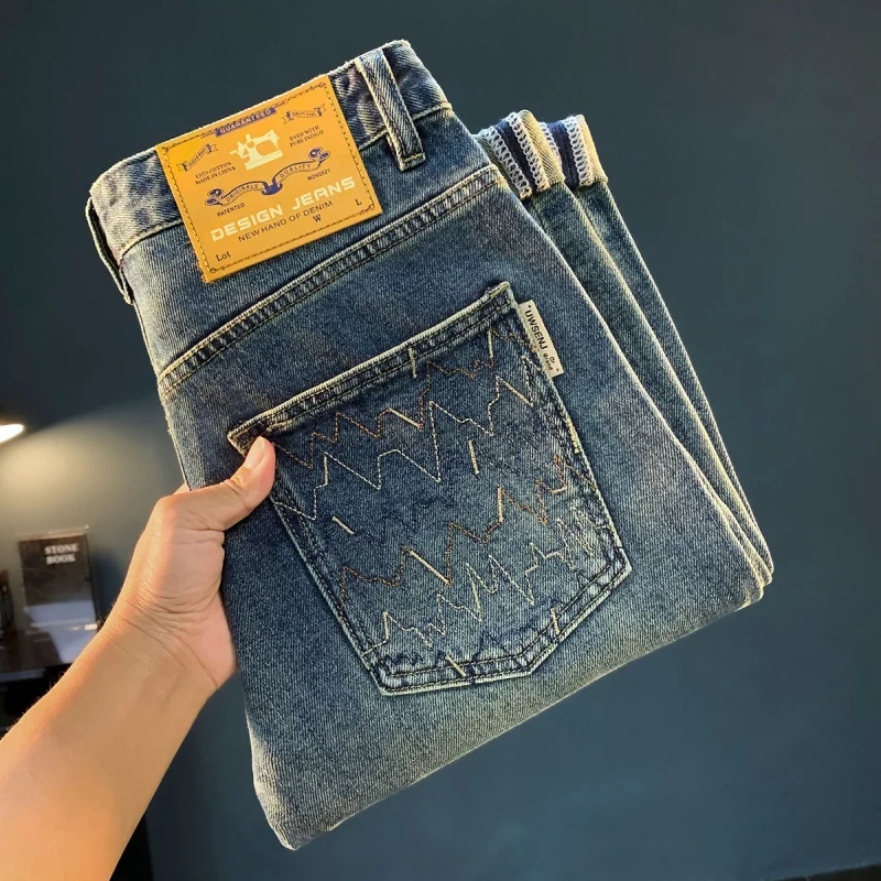 

Высококачественные легкие роскошные мужские джинсы осень 2025, ретро-тренд, стираные и потертые, повседневные маленькие брюки