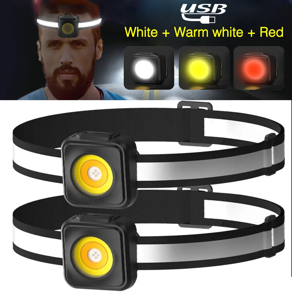 White+yellow+red Mini COB Headlamp Portable USB C Rechargeable Headlight Waterproof Fishing Head Flashlight Lightweight Lantern