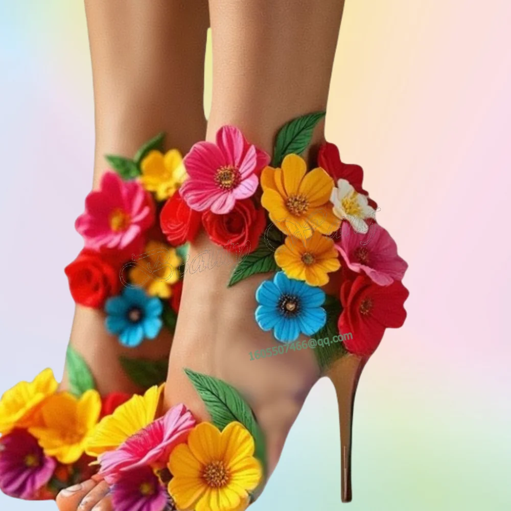

Разноцветные сандалии с цветочным декором, тонкие высокие туфли на каблуке с круглым носком, женские свадебные туфли, 2025 Zapatillas Mujer