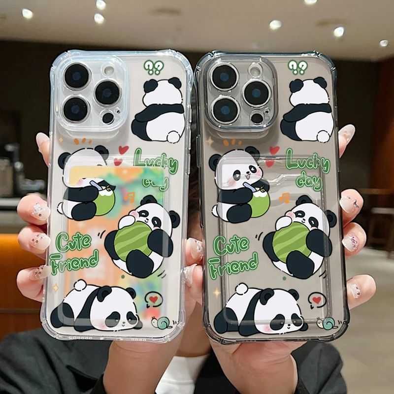 Case For iPhone 16 Pro Max Luxury Card Slot Back Sitted Baby Panda Clear Soft Silicone Cover For iPhone 11 12 13 14 15 Pro Max