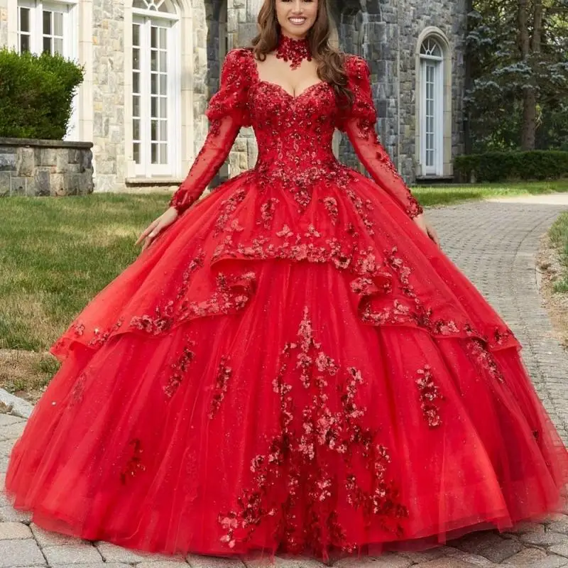 Vestido rojo de manga larga para quinceañeras, vestido de fiesta glamuroso con forma de corazón, apliques brillantes, vestido de fiesta 16 personalizado, 2025