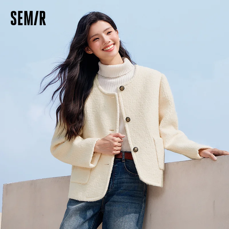

Semir Jacket Women Wool Blend Tweed Elegant 2025 Winter New Round Neck Fashion Minimalist Coat