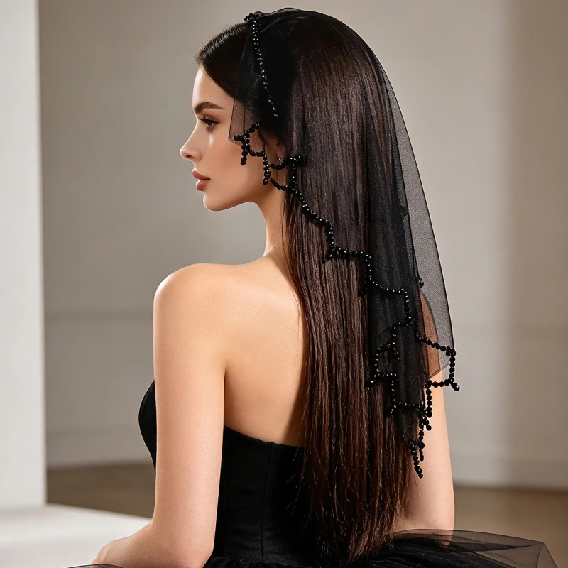 3XUA Black Beaded Veils Mesh Headband for Formal Hair Styling, Bridal Photos, Evening Parties, and Photo Ready Looks