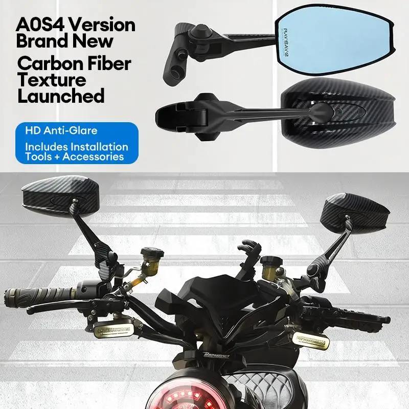 Motorcycle Rearview Mirrors Anti Glare Blue Glass Carbon Fiber Pattern 360 Degree Rotatable for Scooter Moped Riders