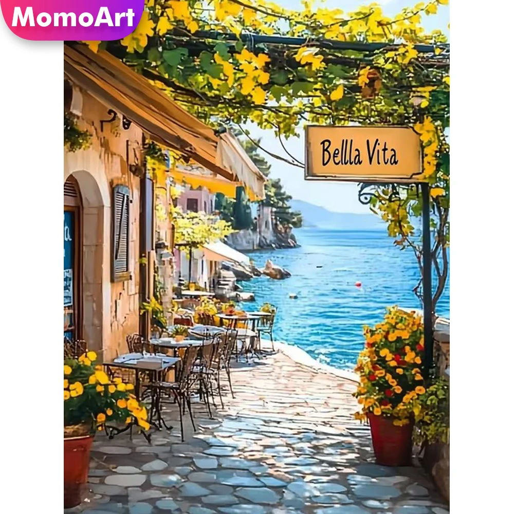 Momoart 5D Diamant-Stickerei Küstenlandschaft Gemälde DIY Acryl-Bastelbedarf Diamant-Mosaik Stadt Handgemachtes Hobby