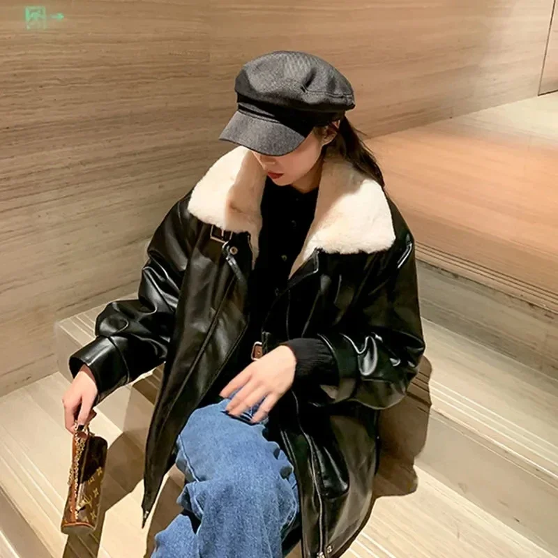 PU Leder Motorrad Kleidung frauen Lose Koreanische Zipper Winter Mantel Lamm Kaschmir Baumwolle Jacke Kurze Jacke Baumwolle Jacke