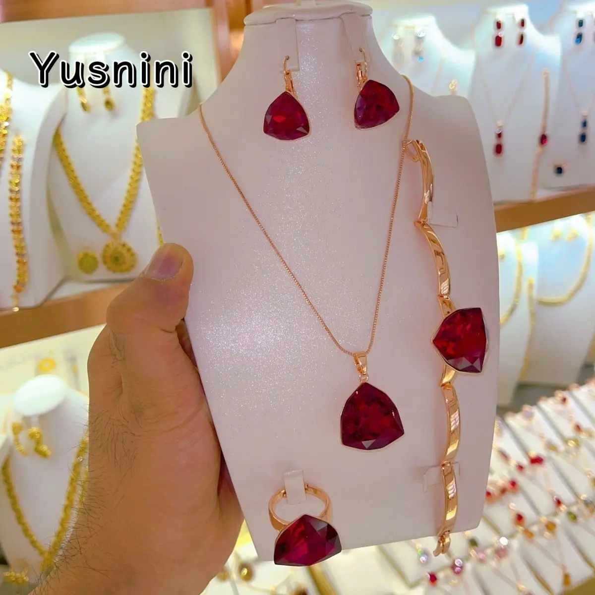 

New UK 24K Gold Plated Necklace Earrings Rings Bracelets Wedding High End Jewelry Set as a Gift for Women YY10862