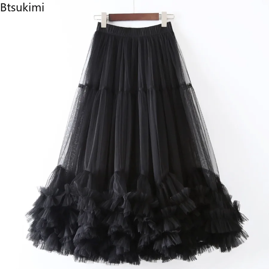 

Women High Elastic Waist Solid Color Mesh Ruffles A-line Elegant Midi Half-body Skirt Sweet Fungus Lace Large Swing Fluffy Skirt