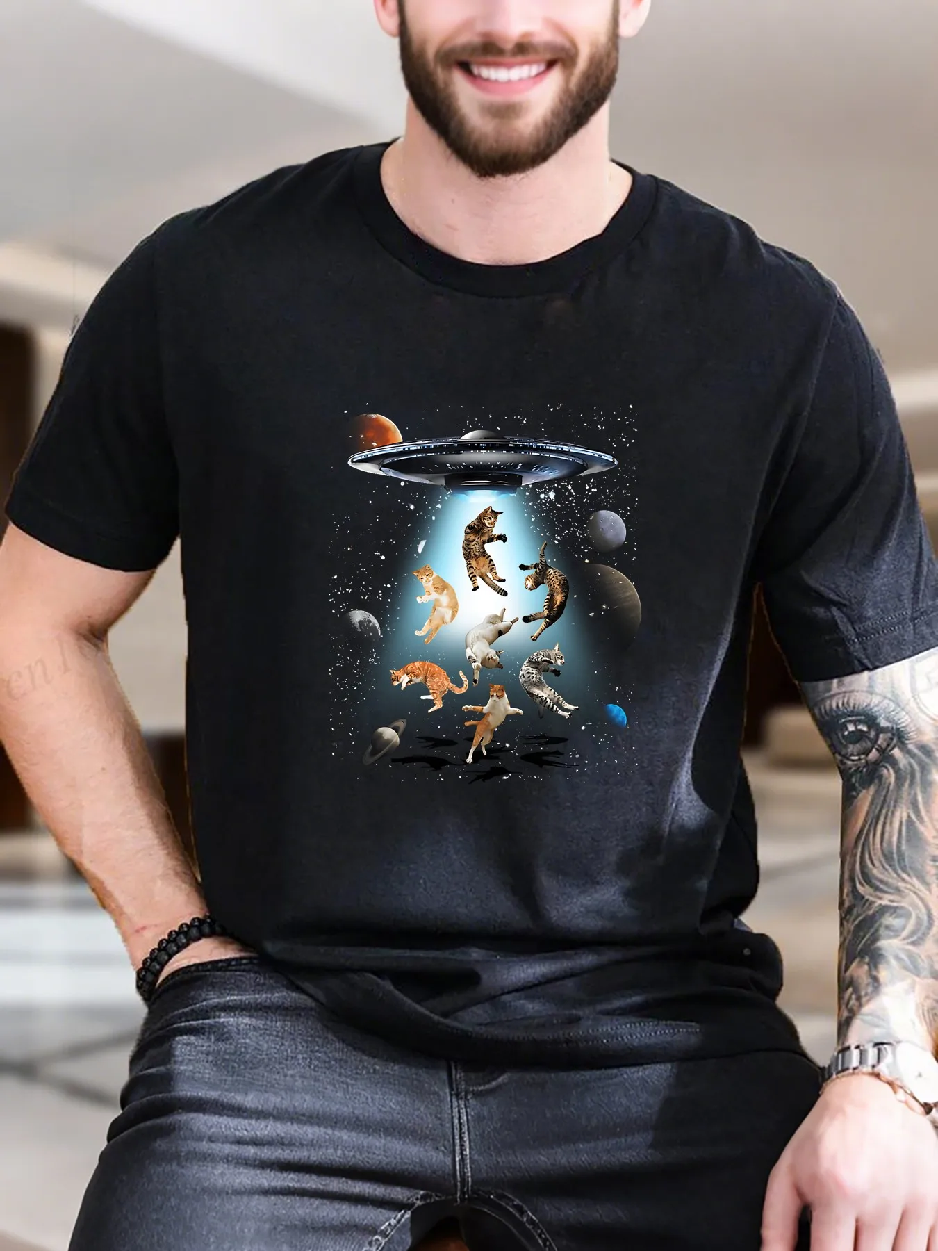 

New Arrival Fashion Men's Printed Short Sleeve T-Shirt Flying Cats Spaceship Design 100% Cotton Ultra Soft Breathable Casual Str