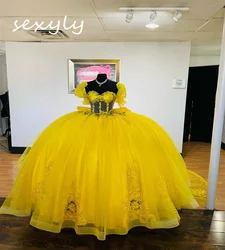 Unikalne żółte sukienki na quinceanerę z kwiatami 3D Vestidos De Xv 15 Anos Masquerade puszyste kochanie koronkowe urodziny dostosowane