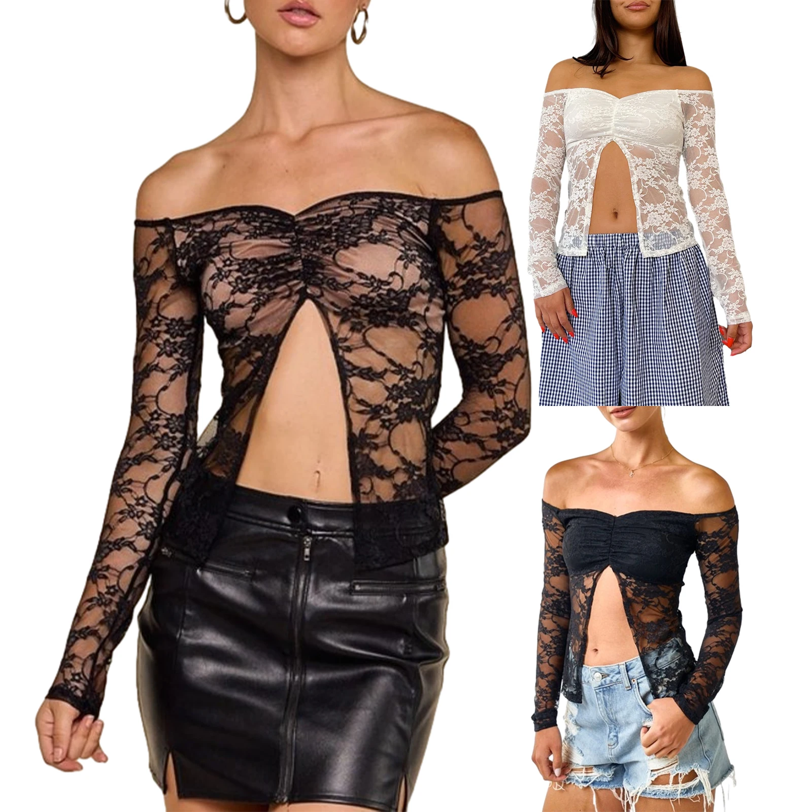 

Women Sheer Lace Short T-Shirts See-Through Boat Neck Off Shoulder Long Sleeve Shirts Spring Fall Slim Fit Tops Streetwear