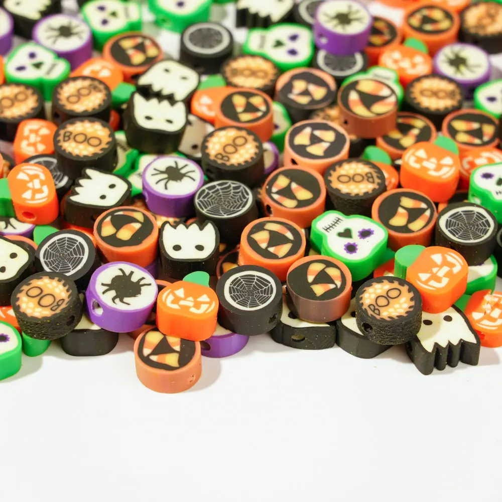 100/200pcs  Halloween Polymer Clay Beads Pumpkin Hat Skull Pattern Beads For Jewelry Making Bracelets Decoration Accessories ﻿