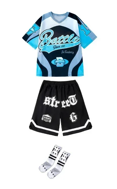 Neue Sommer Teenager Lose Blaue T-Shirt Hosen Schwarze Shorts Jungen Hip Hop Outfits Moderne Jazz Dance Kostüm Mädchen Kpop Leistung Tragen