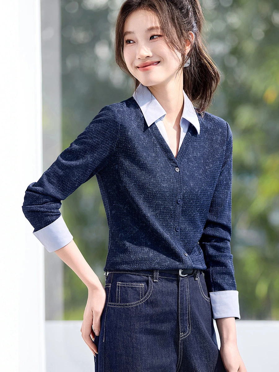 

Женская блузка Ele Slim Fit с V-образным вырезом, цветными блоками, модный топ, весна 2026, новинка, комплект из двух предметов, полиэстер, длинный рукав