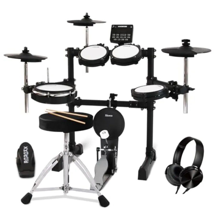 Electronic drum set for beginner practice, mesh pads and kick drum, black, ultra-quiet with 360 sounds and dual Bluetooth