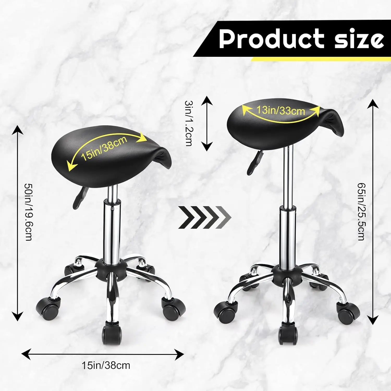 Adjustable Rolling Saddle Stool with PU Leather and 5 Wheels for Office or Home
