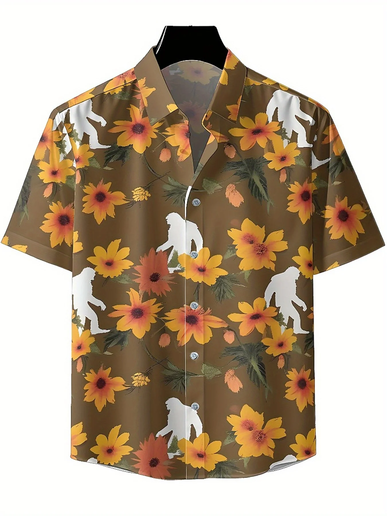 Men's Plus Size Hawaiian ShirtsSasquatch and Floralspattern, Button Up Shirts, Unisex Casual Clothing, Summer Tops