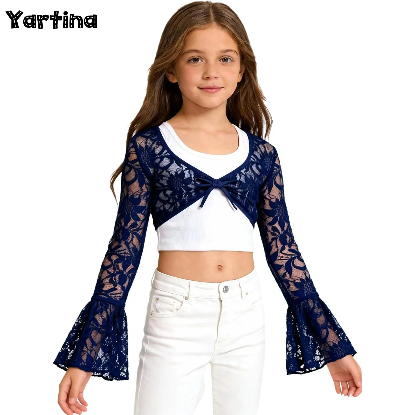 

Детский кружевной костюм с цветочным принтом для девочек, короткий костюм для балета и танцев, костюм для соревнований, расклешенные манжеты с длинными рукавами, элегантная верхняя одежда для танцев, пожимание плеча