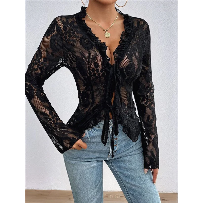 

CGS-Women's V Neck Lace Sheer Top Mesh See Through Shirts Open Front Tie Long Sleeve Blouses Y2k Going Out Tops