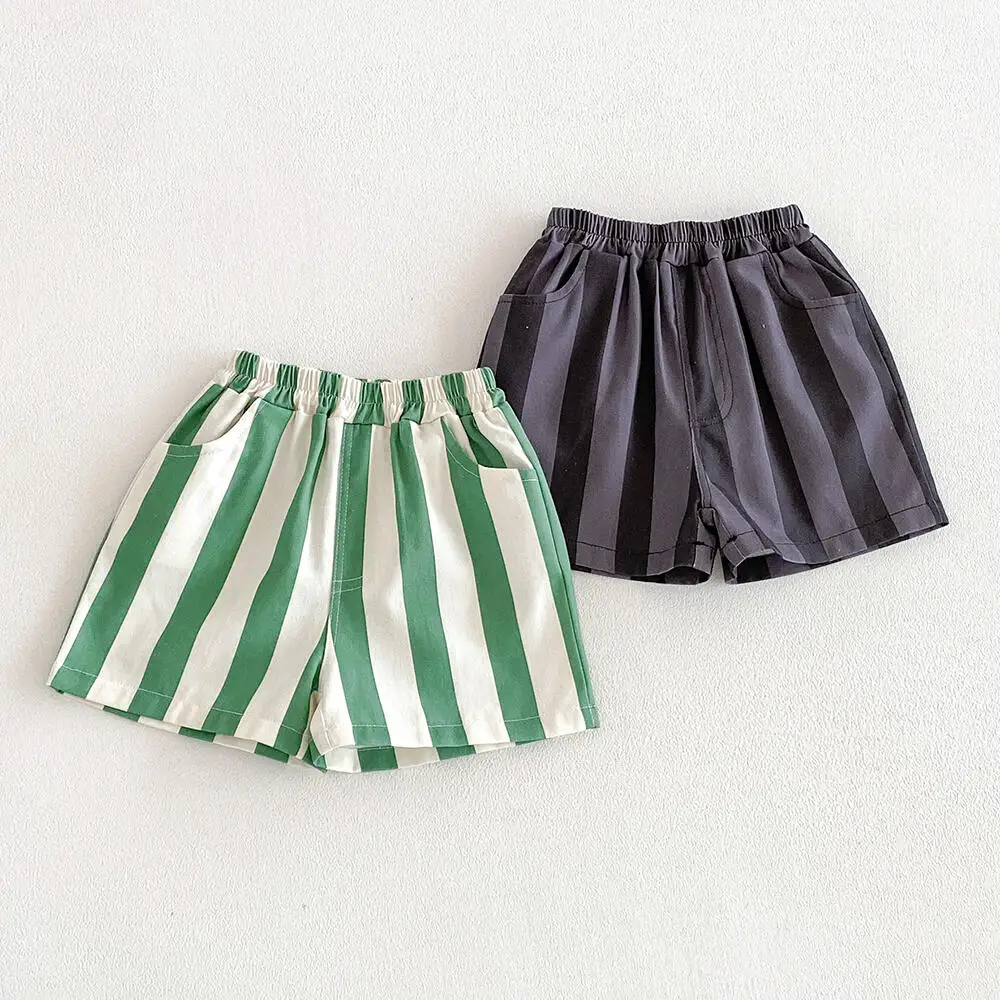Sommer Jungen Mädchen Lässige Streifen-Shorts Kleinkind Atmungsaktive Baumwoll-Freizeitshorts Kinder Klassische Hosen mit Taschen Kinderkleidung – Detail 4