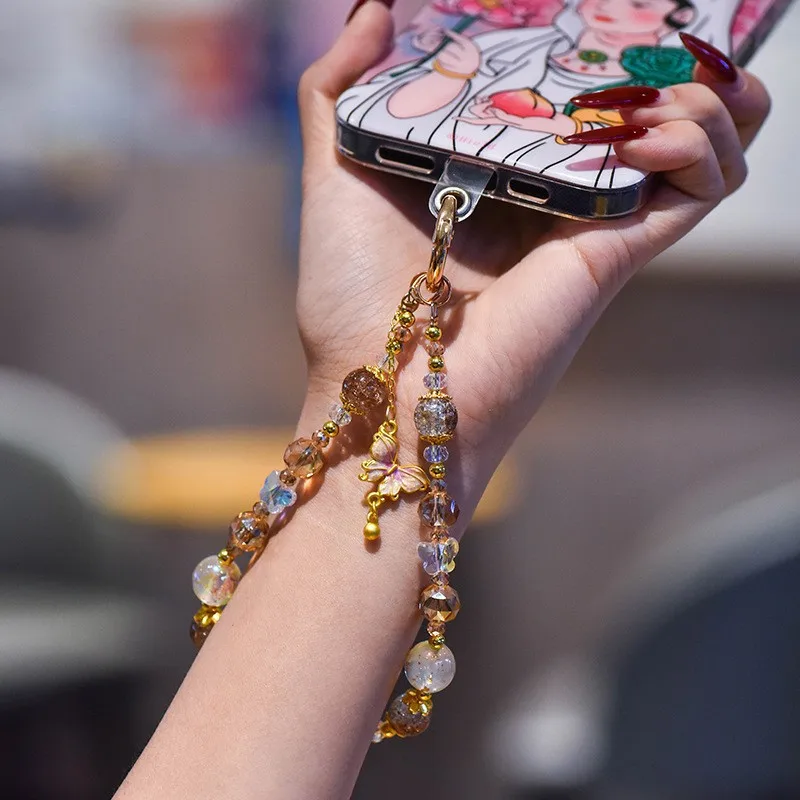 

Light Luxury Crystal Mobile Phone Chain Handmade Beaded Short Wrist Lanyard Fashion Butterfly Pendant Mobile Phone Lanyard